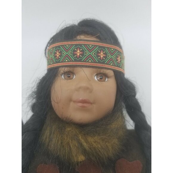 Native American Porcelain Doll Fur Lined Clothes Pantaloons Headband Wood Beads - Picture 2 of 9